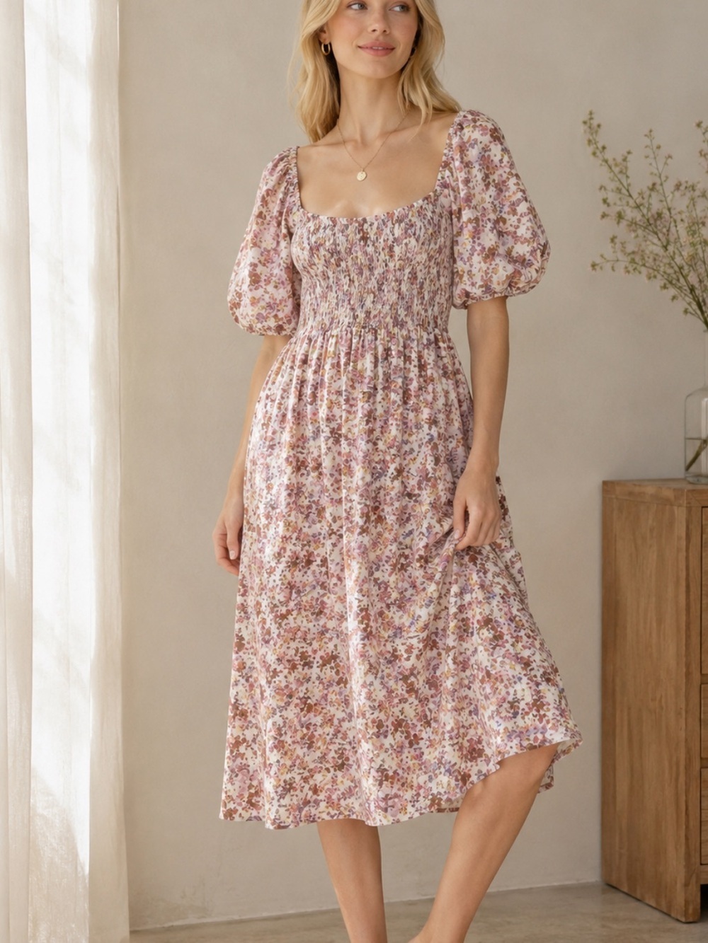 Auguste Rosemary Floral Midi Dress Puff Sleeve Cottagecore Boho 36963